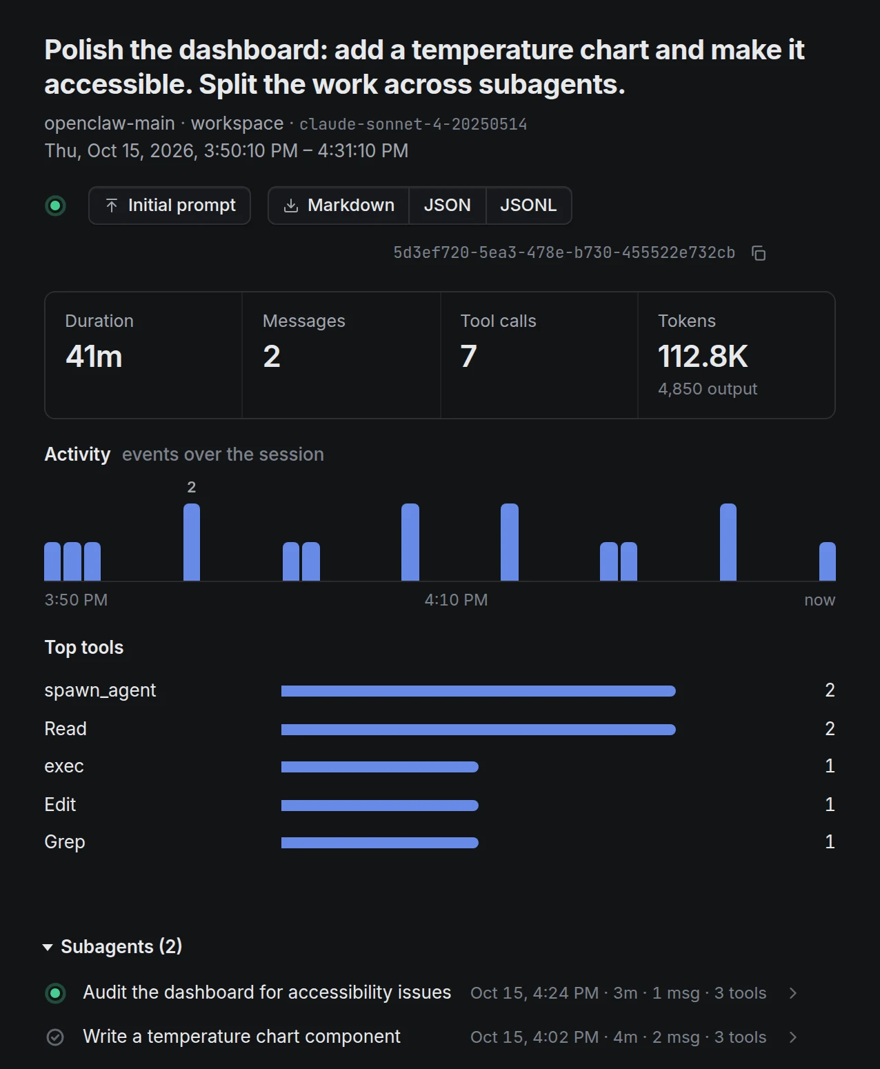 A session page: duration, messages, tool calls and tokens, an activity strip, top tools and two subagents, one still live